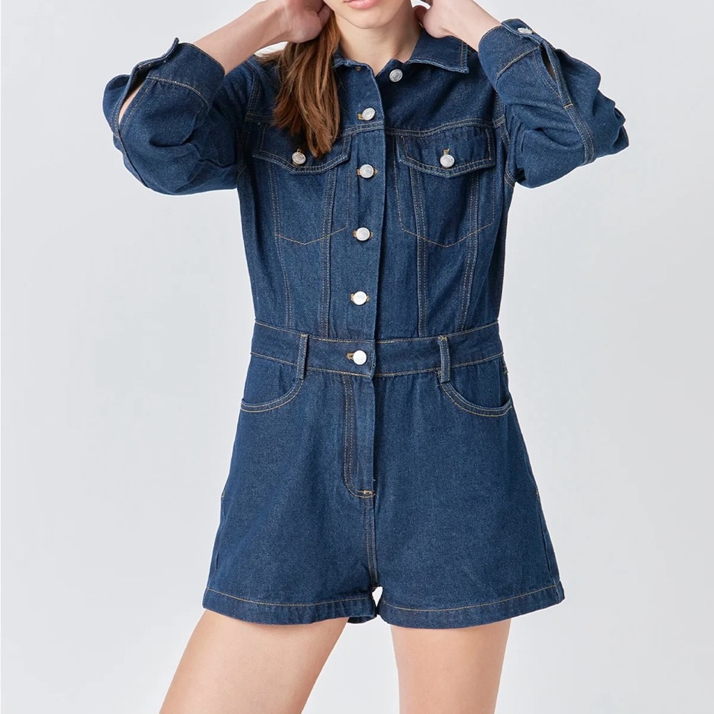 Grey Lab Women's Denim Mini Jumpsuit Blue Jean Romper
